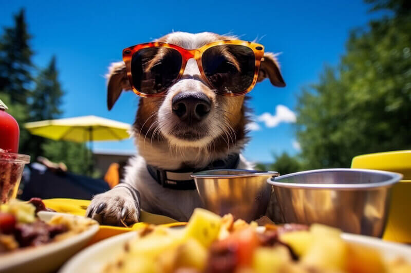 Dog wearing sun glasses outdoors.
