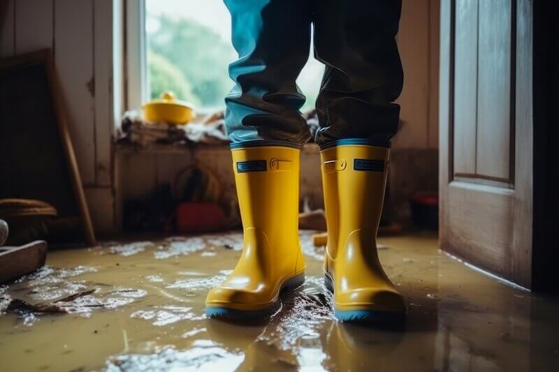 Boots flooded house closeup. Home rain flood.